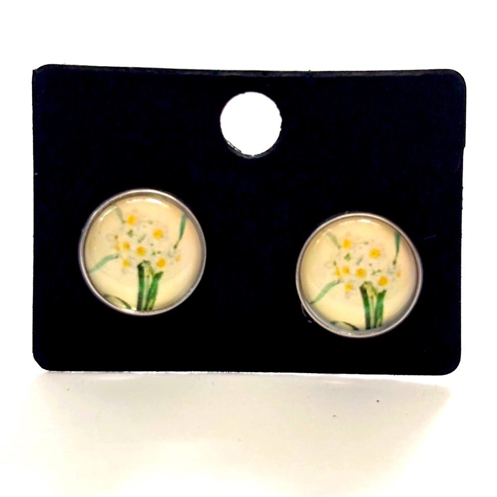 12mm Floral Print Handmade Stainless Steel Earrings, Unworn, NWT